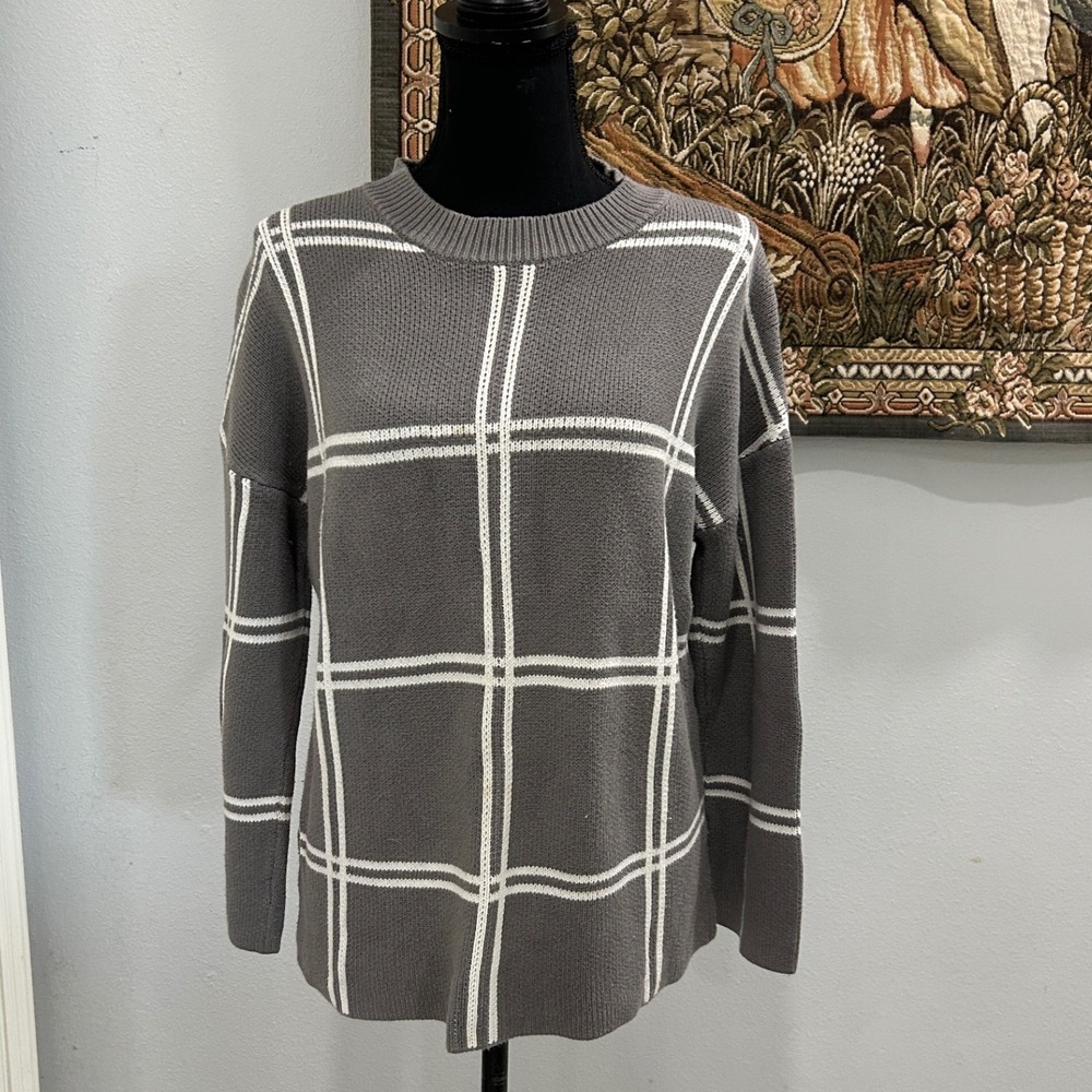 FAFA Studio Womens Gray Plaid Pattern Long Sleeve Knit Pullover Sweater, L